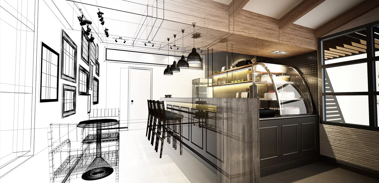 Ladenbau-Entwurf: Café-Theke mit Eichenholz, dunklen Fliesen und Pendelleuchten, halb als Rendering, halb als Skizze