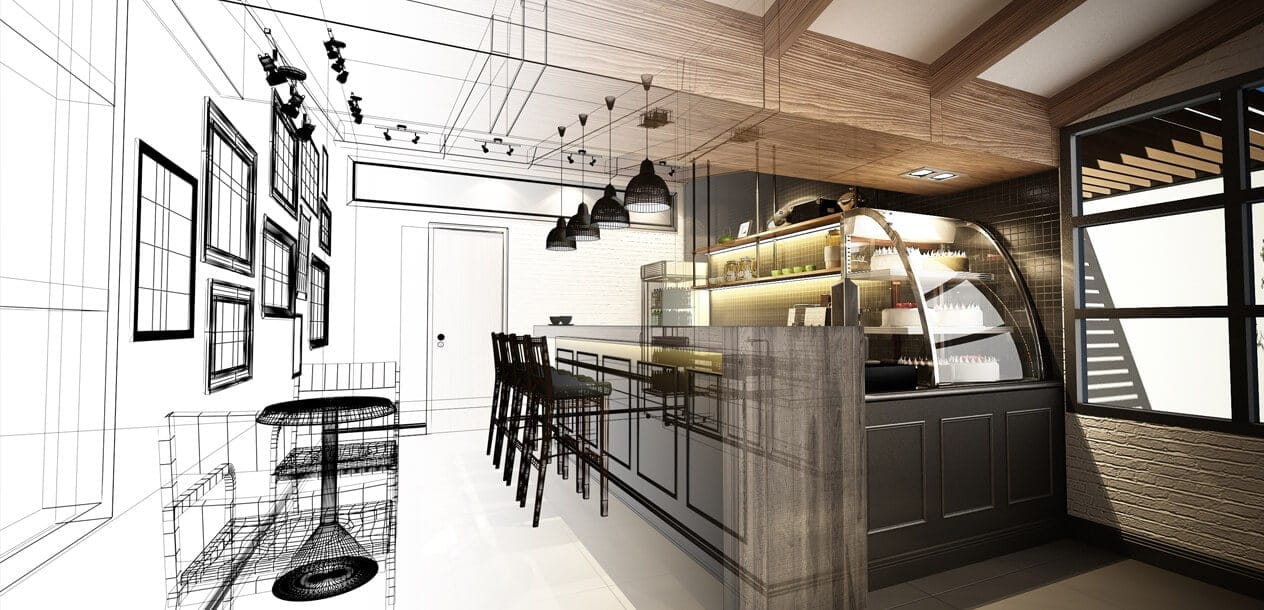 Ladenbau-Planung, die von der Linienzeichnung in die fotorealistische Visualisierung übergeht