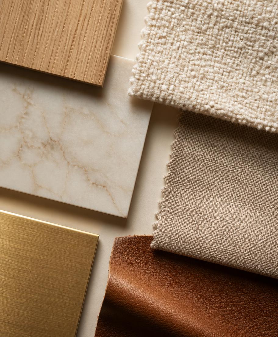 Materialmuster aus Eiche, Naturstein, Leder und Textilien